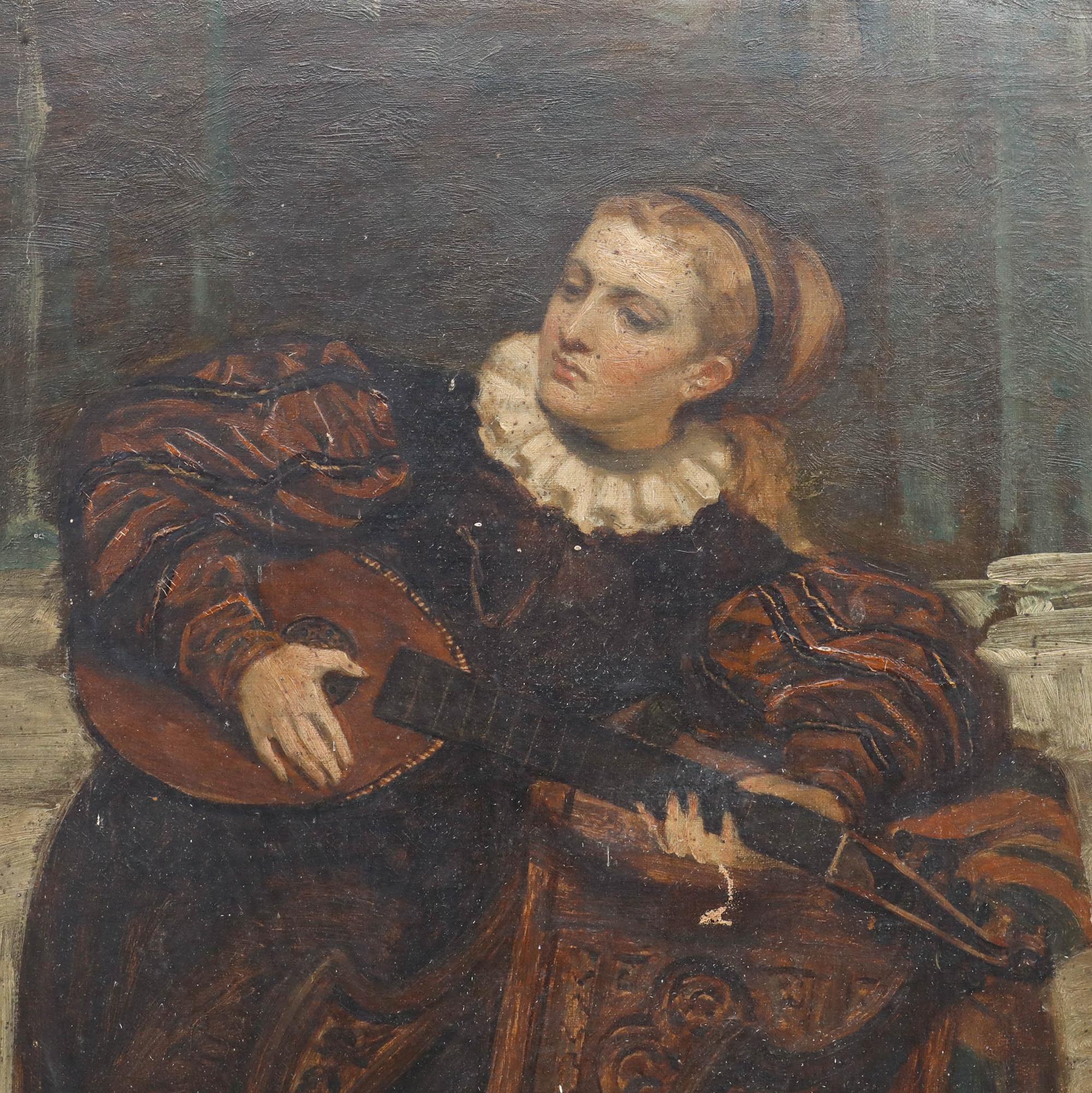 A lady wearing a ruff collar leans against the back of an ornately carved wooden chair while playing the lute. Presented in a gilt-effect frame. Unsigned. On canvas on stretchers.