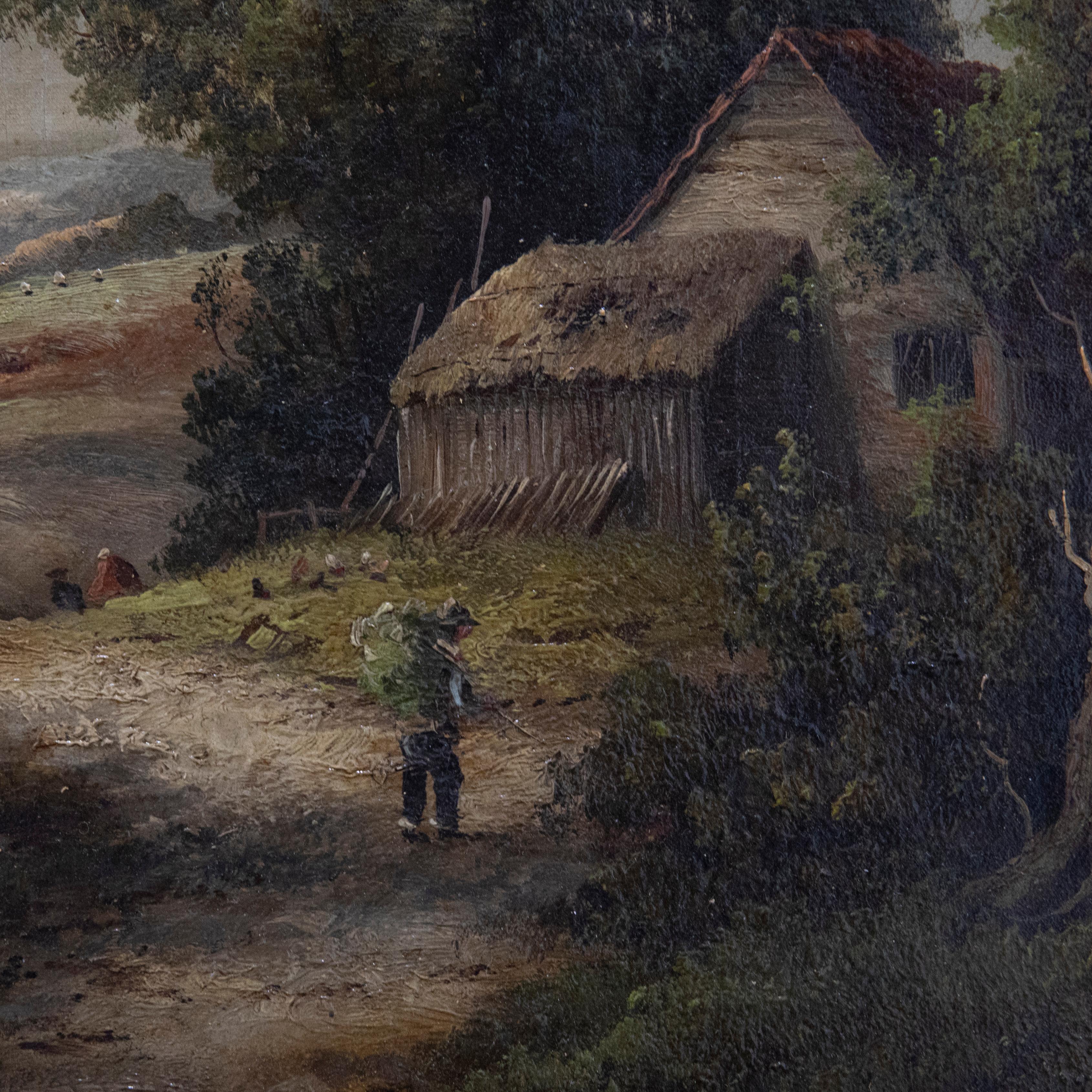 Sell for restoration- this charming 19th century oil by W. Yates. The scene depicts a calming rural landscape with farmer's cottage nestled amongst hedgerows. Several figures walk the track near centre, while a pair of hens scratch the grass verge.