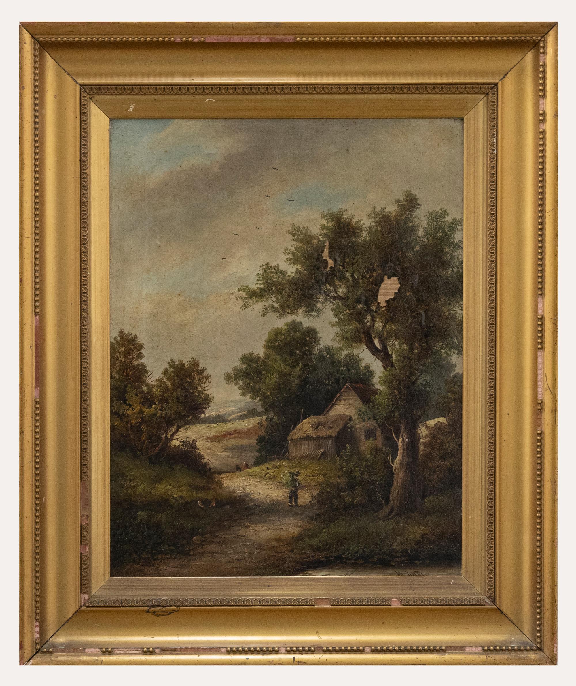 Landscape Painting Unknown - Huile à restaurer de la fin du 19e siècle - Chalet avec personnages