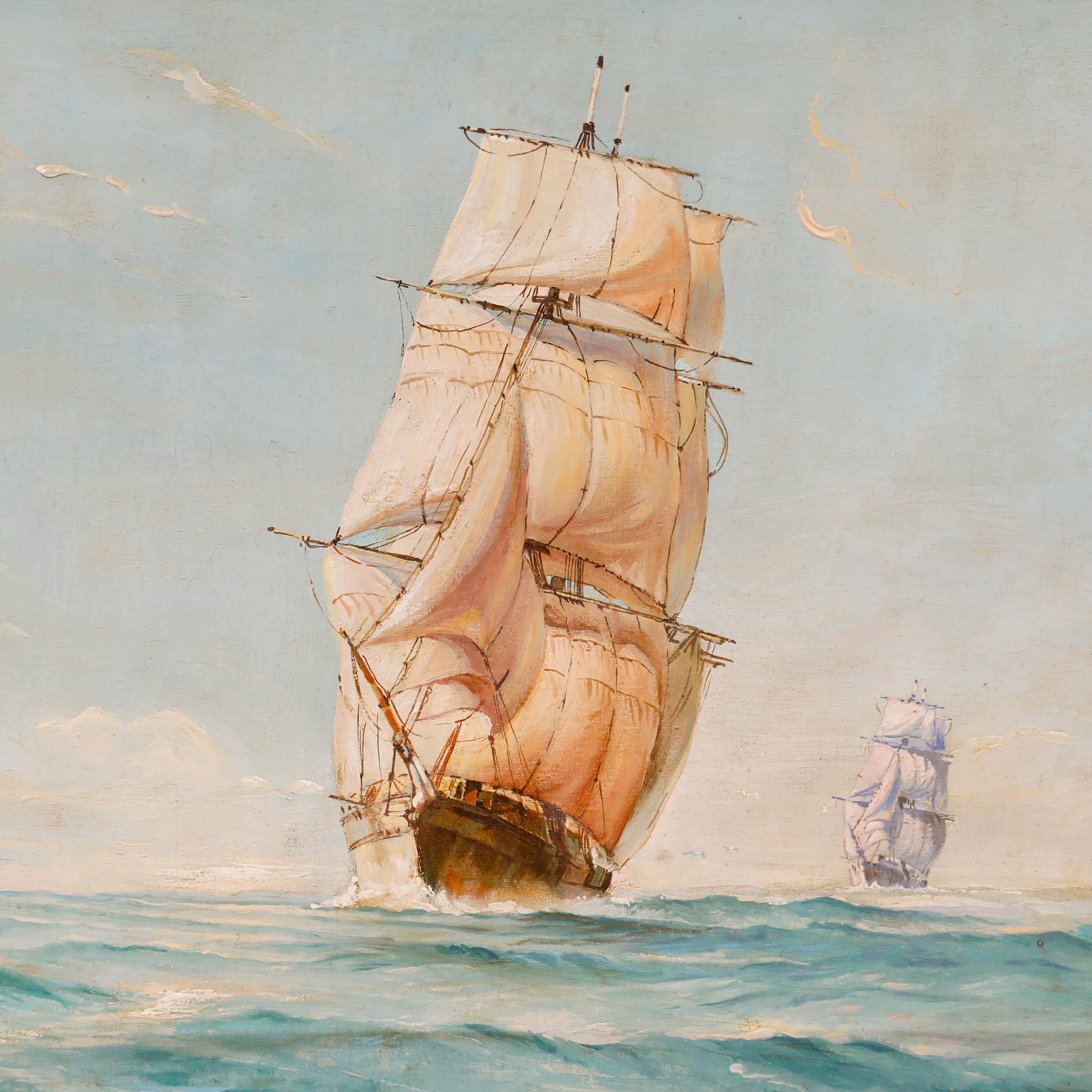 Nautical scene in oil. Presented in a gilt frame. Unsigned. On canvas on stretchers.