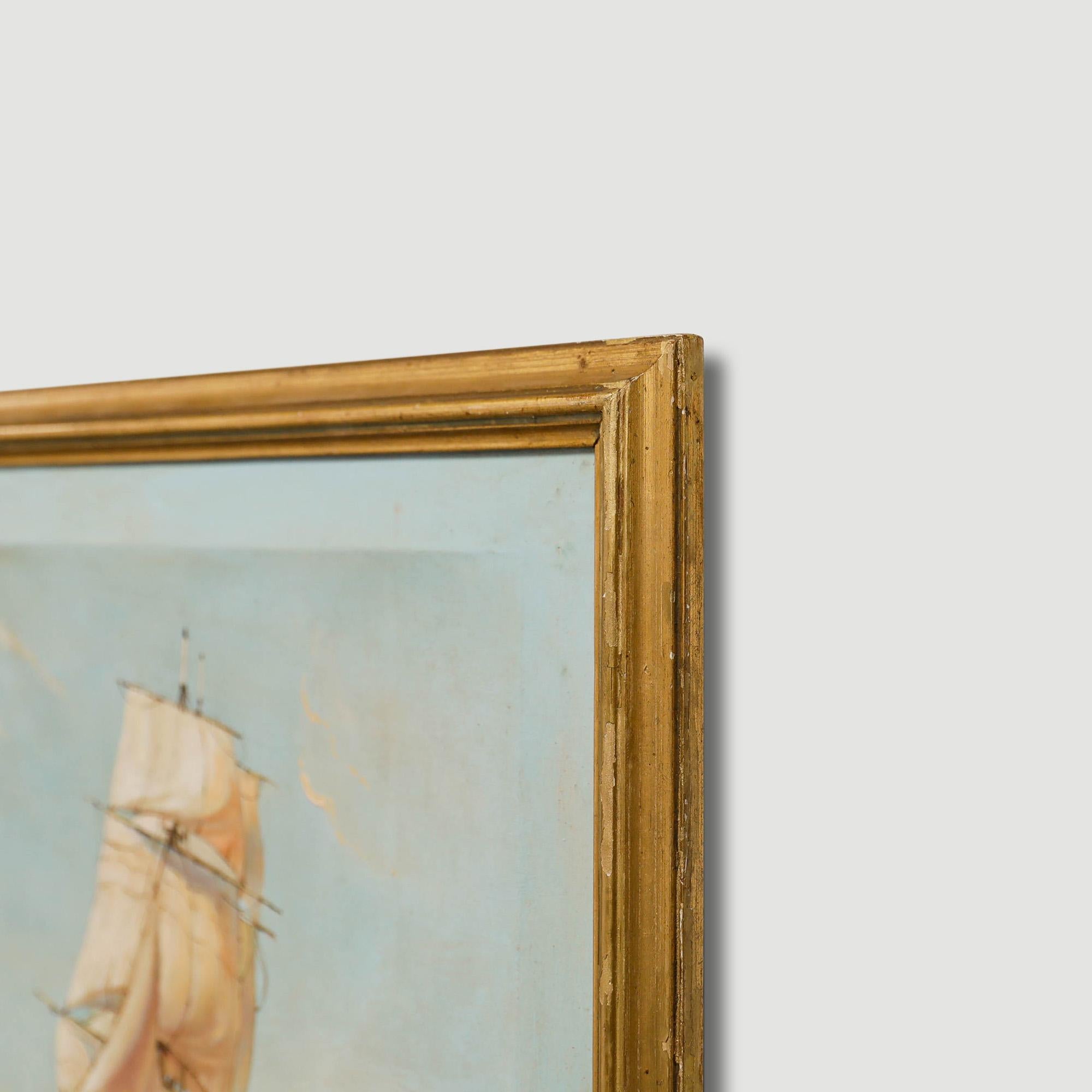 For Restoration Late 19th Century Oil - Tall Ship on Calm Seas 1