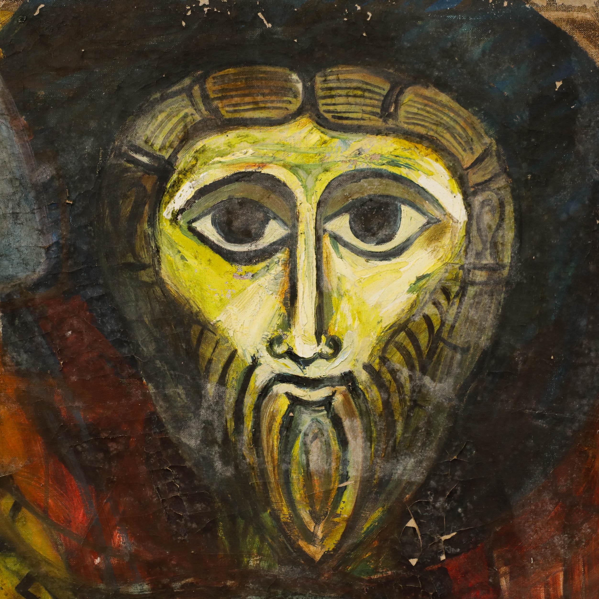 An abstract, slightly surreal composition reminiscent of stained glass windows or medieval religious illustrations. Unsigned but inscribed on the reverse 'Keen and Titian'. On canvas on stretchers. 