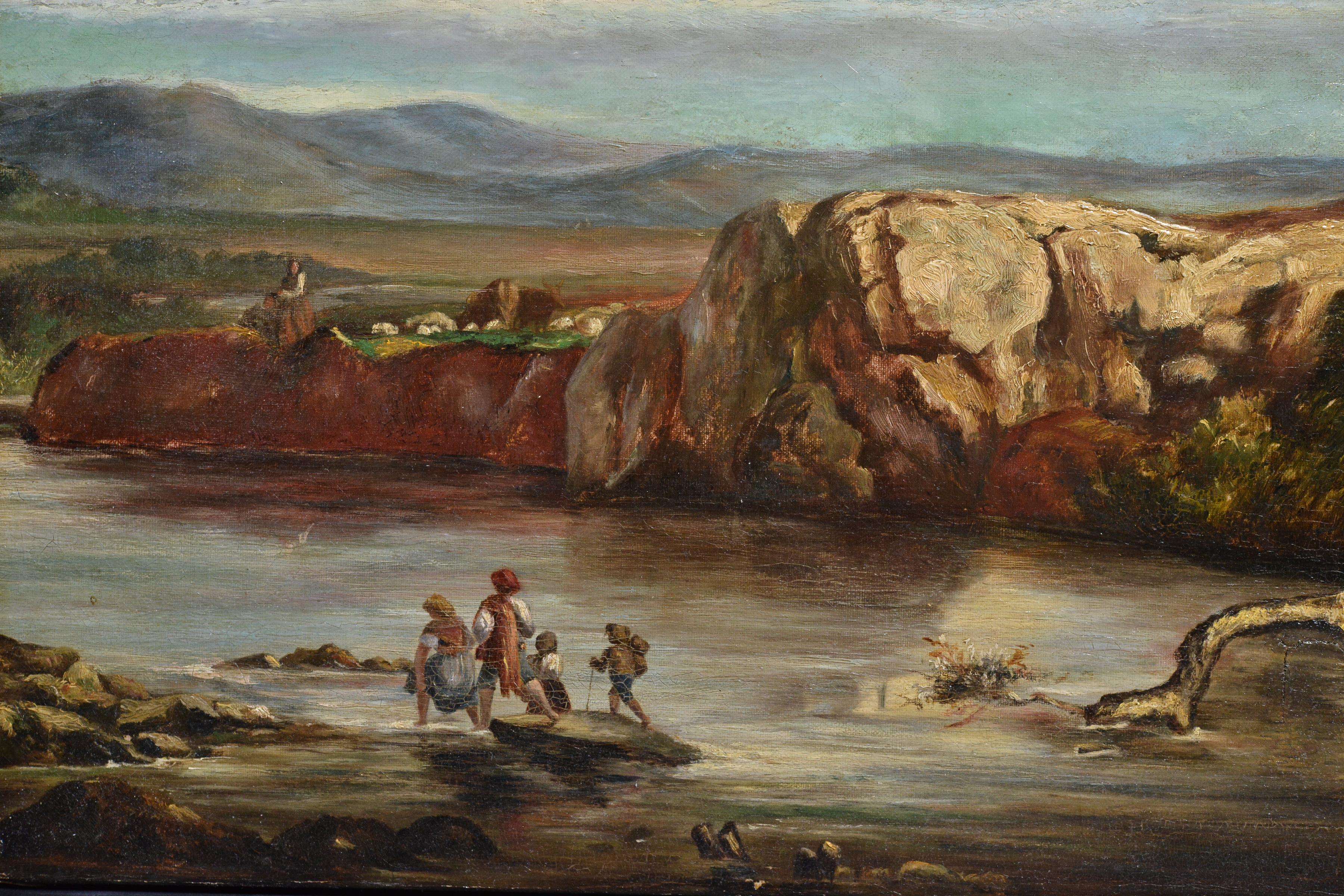 Paysage de passage à gué sur la rivière Masterly britannique Nasmyth Peinture à l'huile du XIXe siècle - Painting de Unknown