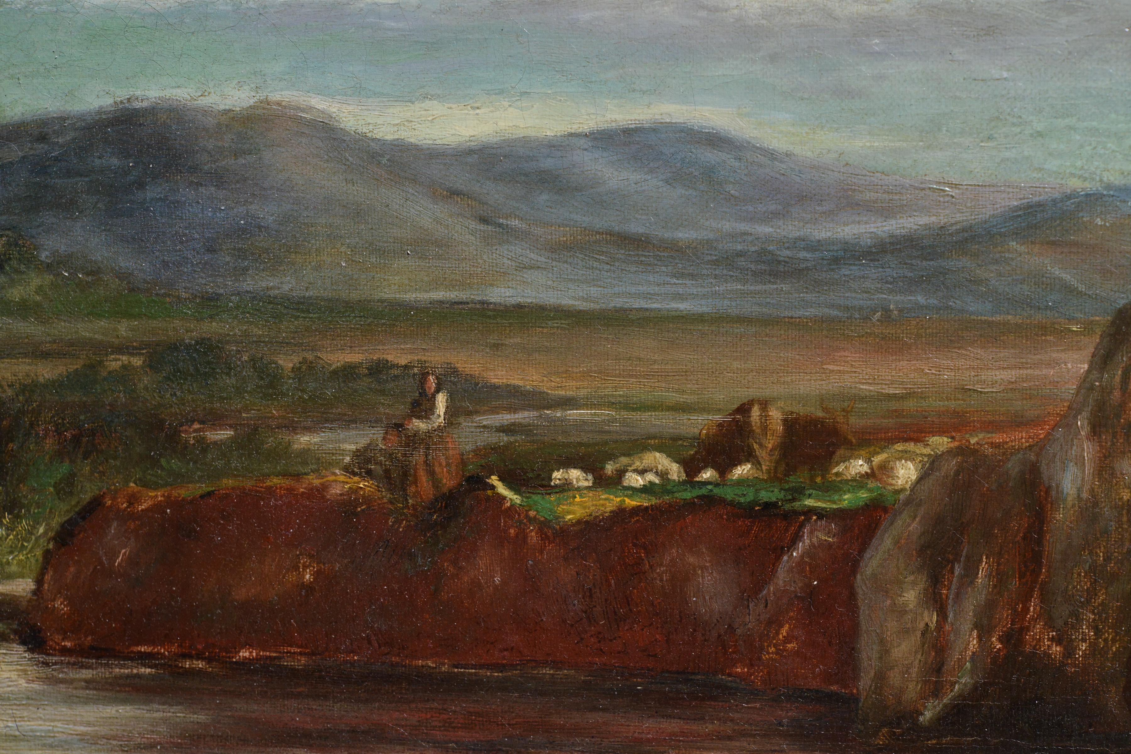 Paysage de passage à gué sur la rivière Masterly britannique Nasmyth Peinture à l'huile du XIXe siècle - École anglaise Painting par Unknown