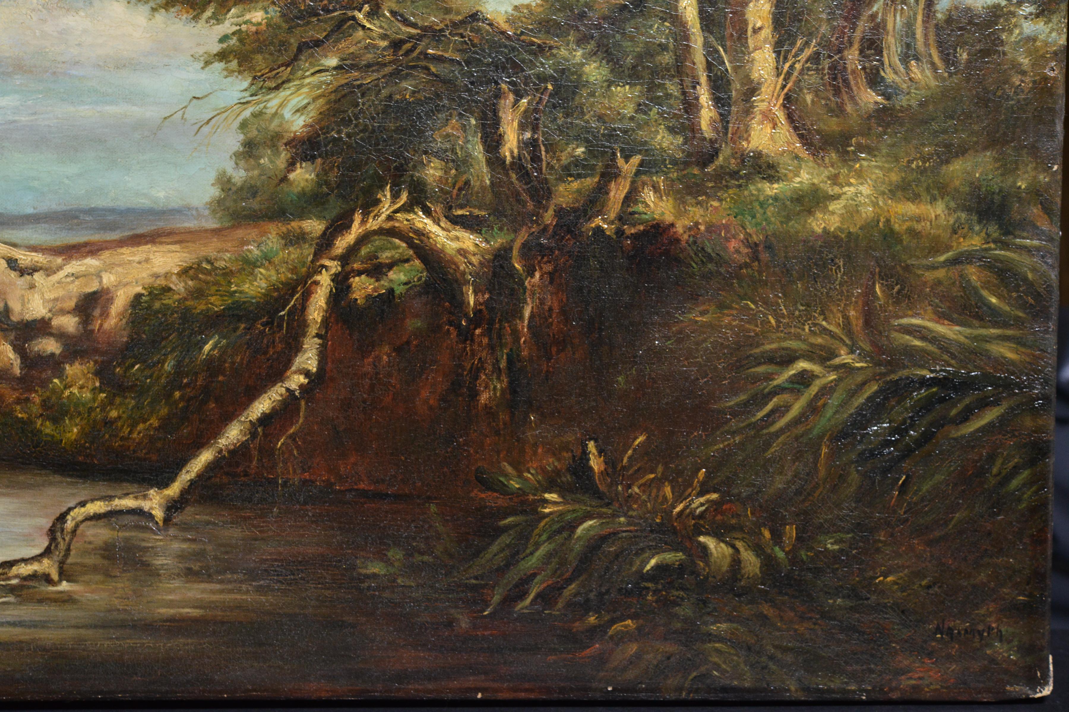 Paysage de passage à gué sur la rivière Masterly britannique Nasmyth Peinture à l'huile du XIXe siècle - Marron Landscape Painting par Unknown