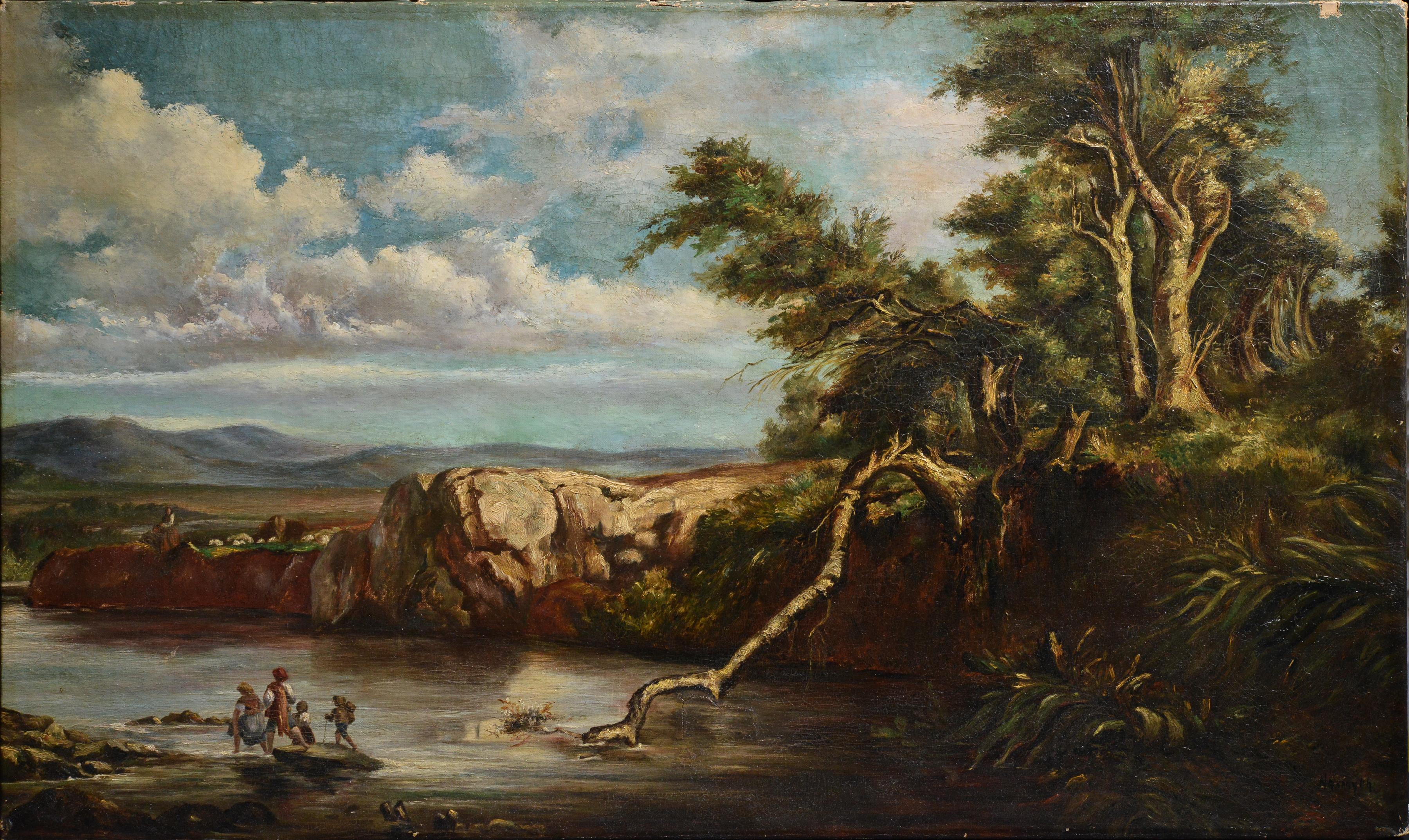 Landscape Painting Unknown - Paysage de passage à gué sur la rivière Masterly britannique Nasmyth Peinture à l'huile du XIXe siècle