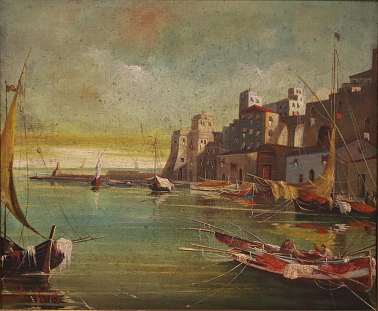 Foreign Harbor Scene mit schöner Dekoration Signiert 