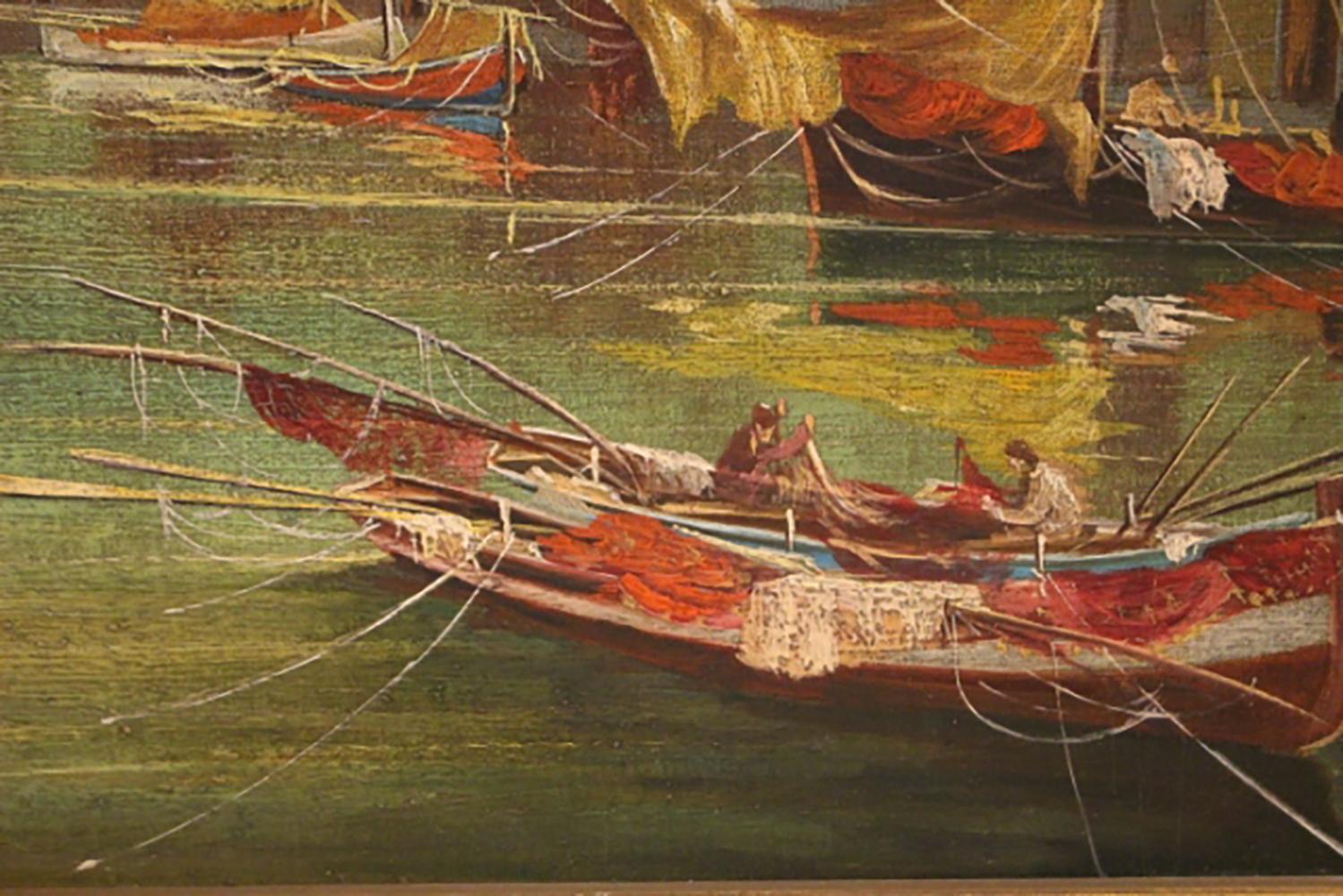 Foreign Harbor Scene mit schöner Dekoration Signiert 
