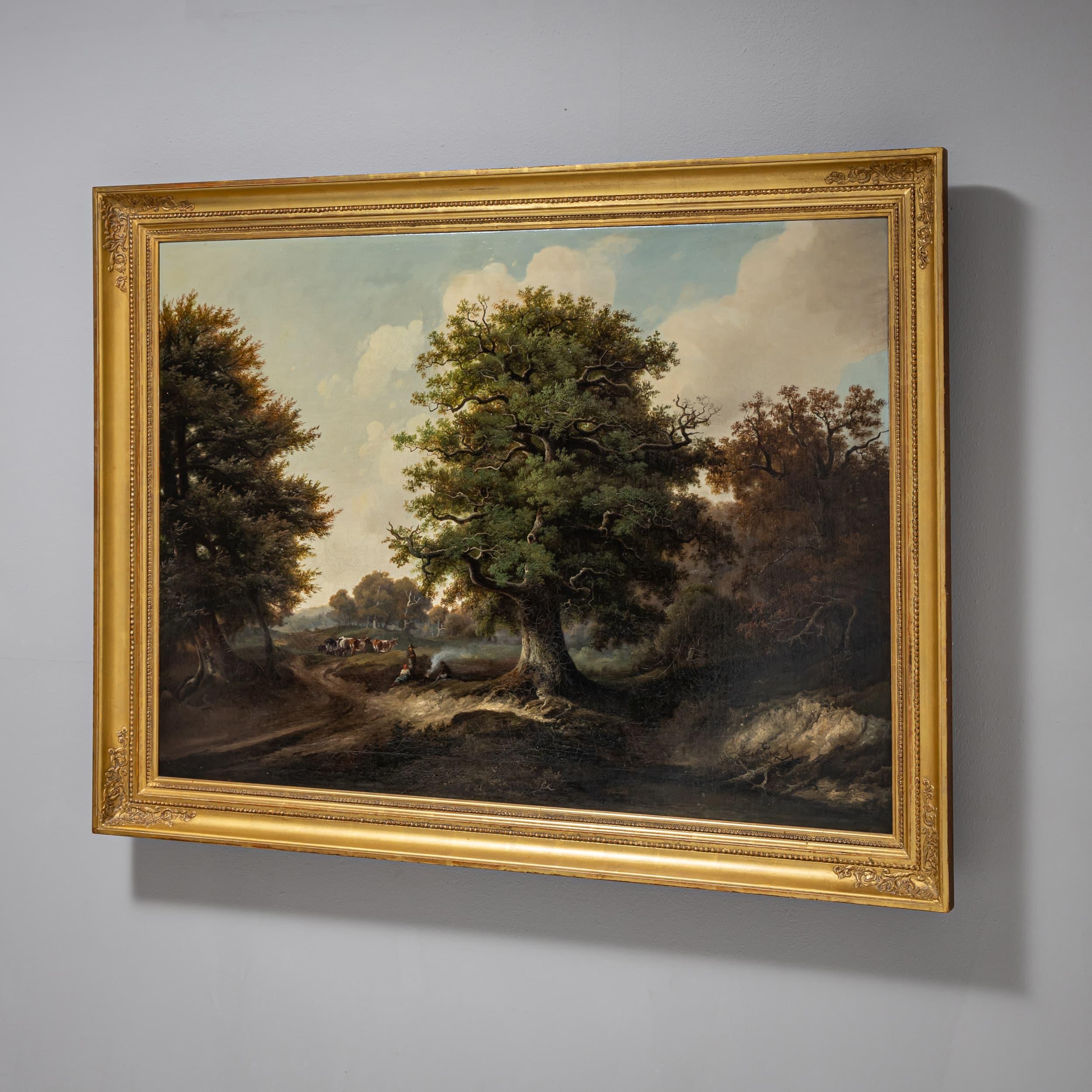 Landschaftsgemälde mit Figuren, einem großen zentralen Laubbaum und Vieh im Hintergrund. 
Nicht signiert.
Öl auf Leinwand, unterfüttert.
Bildgröße: 74 x 101 cm.
Empire-Rahmen, goldpatiniert mit Gipsornamenten in den Ecken.