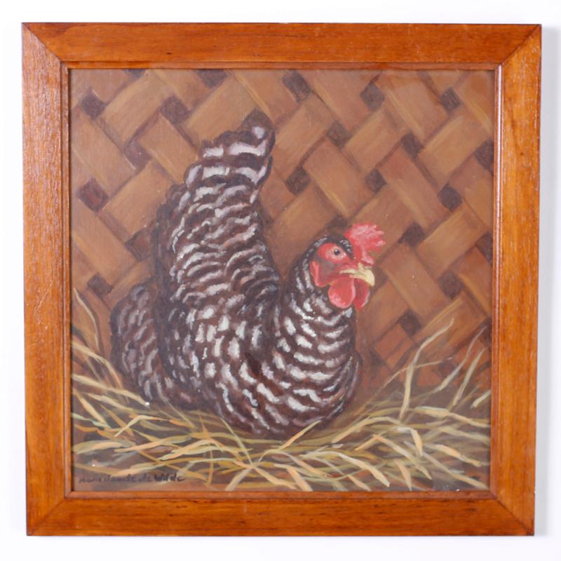 Charming set of four oil painting on board depicting chickens and roosters of the French city of Rennes. Presented in wood frames and signed by the noted artist Marie Claude de Wilde.