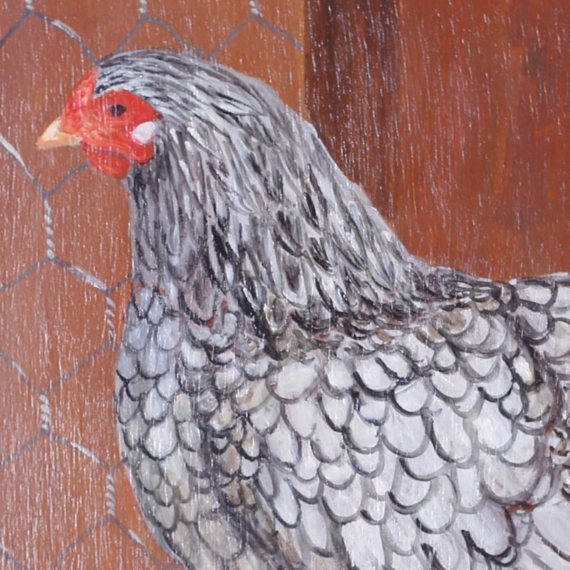 Four French Oil Paintings on Board of Chickens For Sale 1
