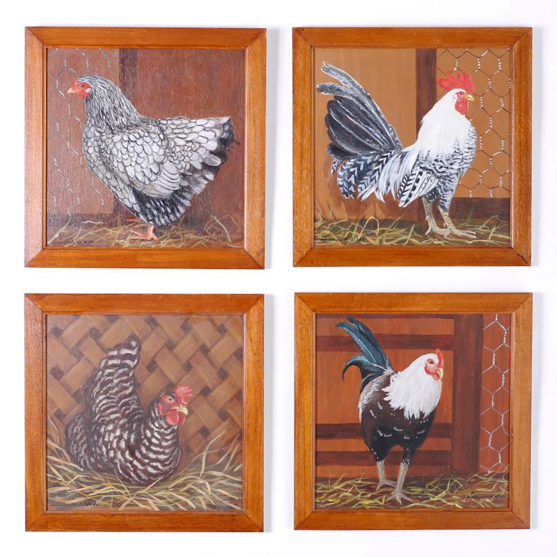 Unknown Animal Painting - Four French Oil Paintings on Board of Chickens
