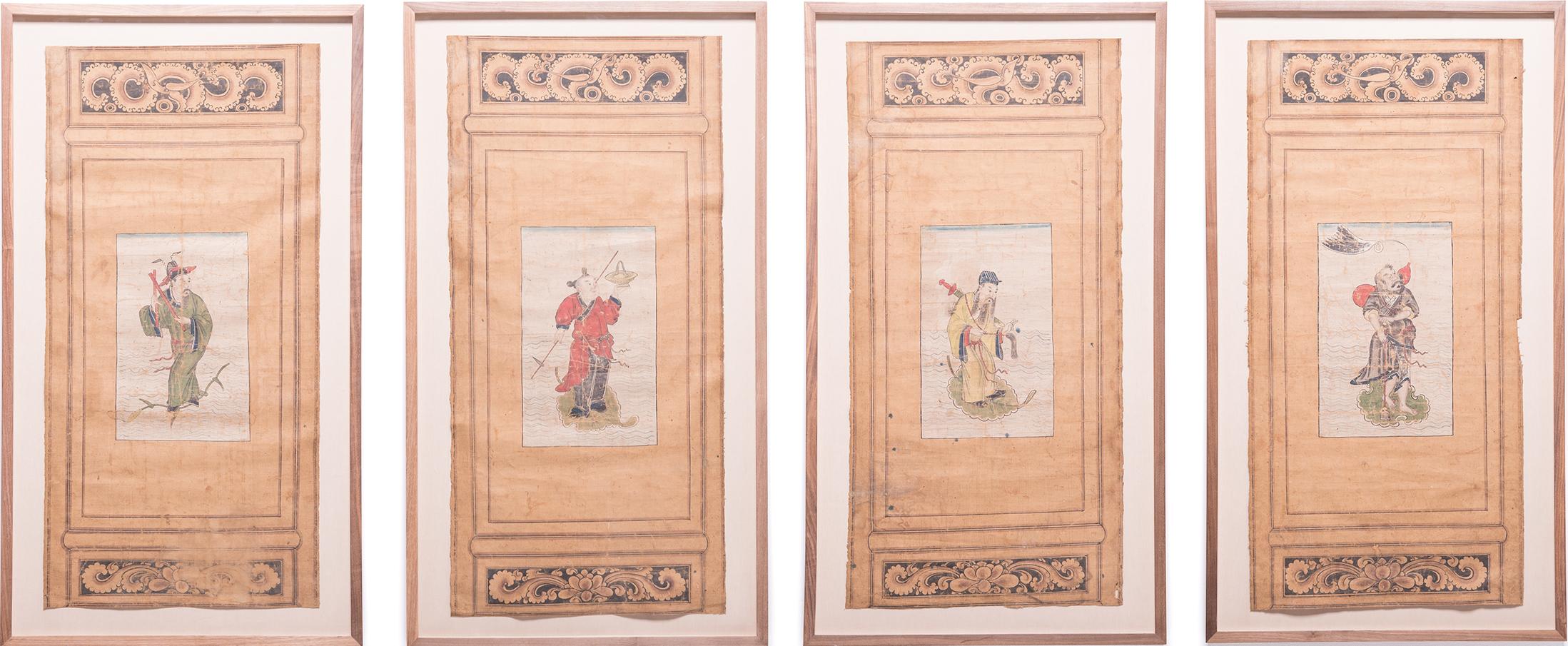 Ensemble de quatre peintures sur paravent d'immortels chinois, vers 1850