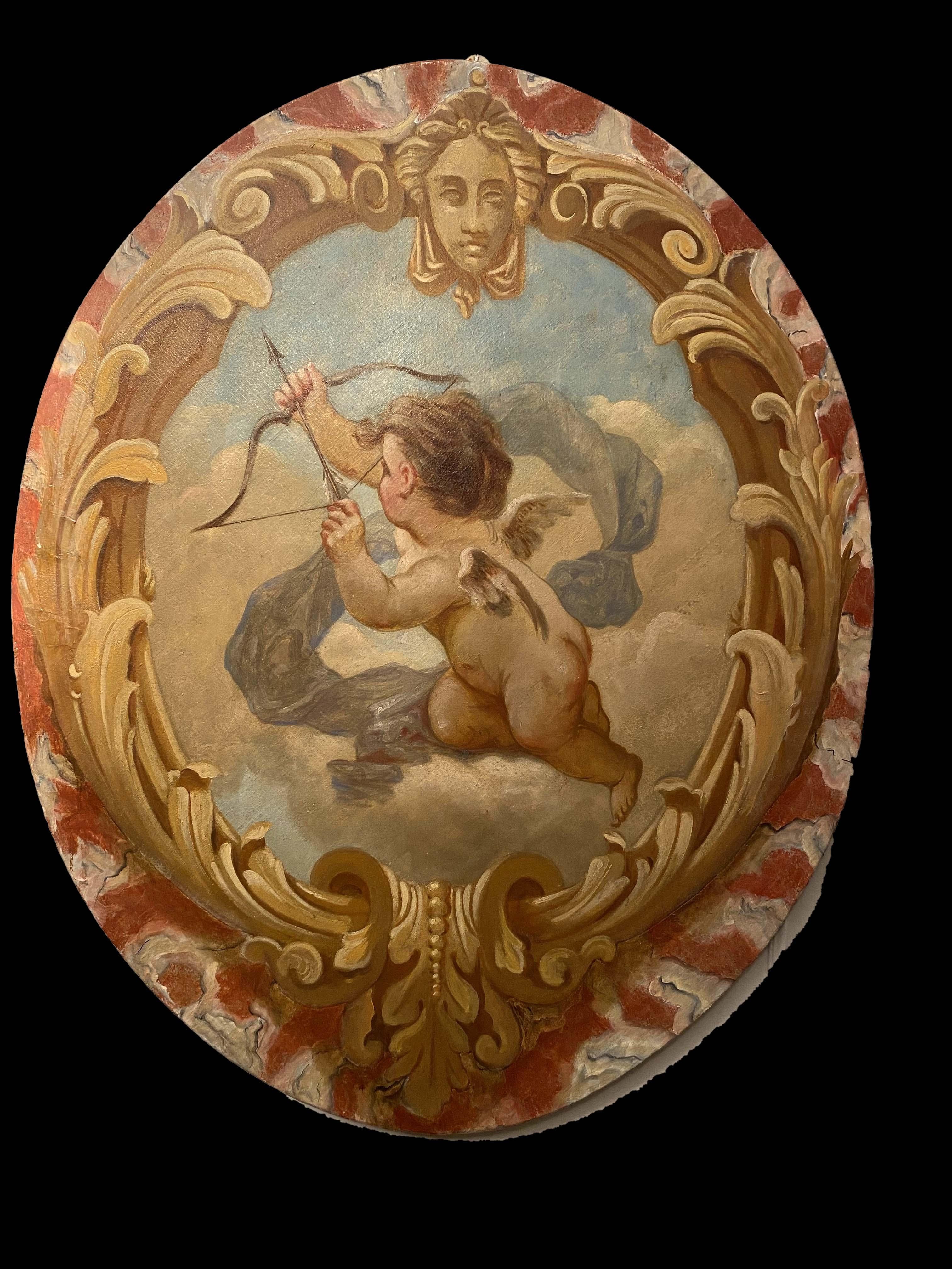 Set of four delicious putto figures , oval shape oil on canvas .
Fine tromple oeil painted frame .
 Very good original condition. 
