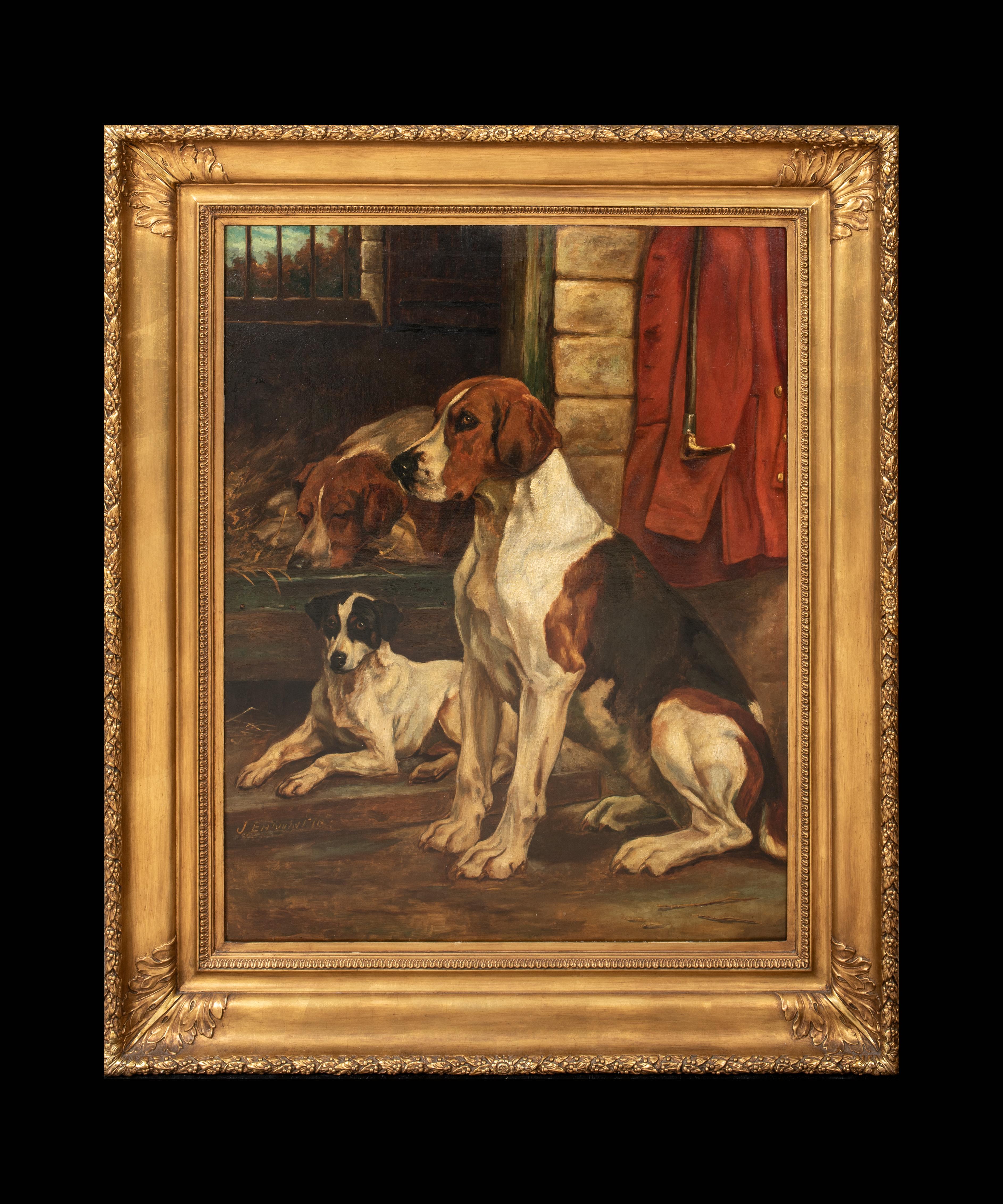 Fox Hounds & Jack Russell Terrier In The Kennels, 19th Century John C Entwistle - Painting by Unknown