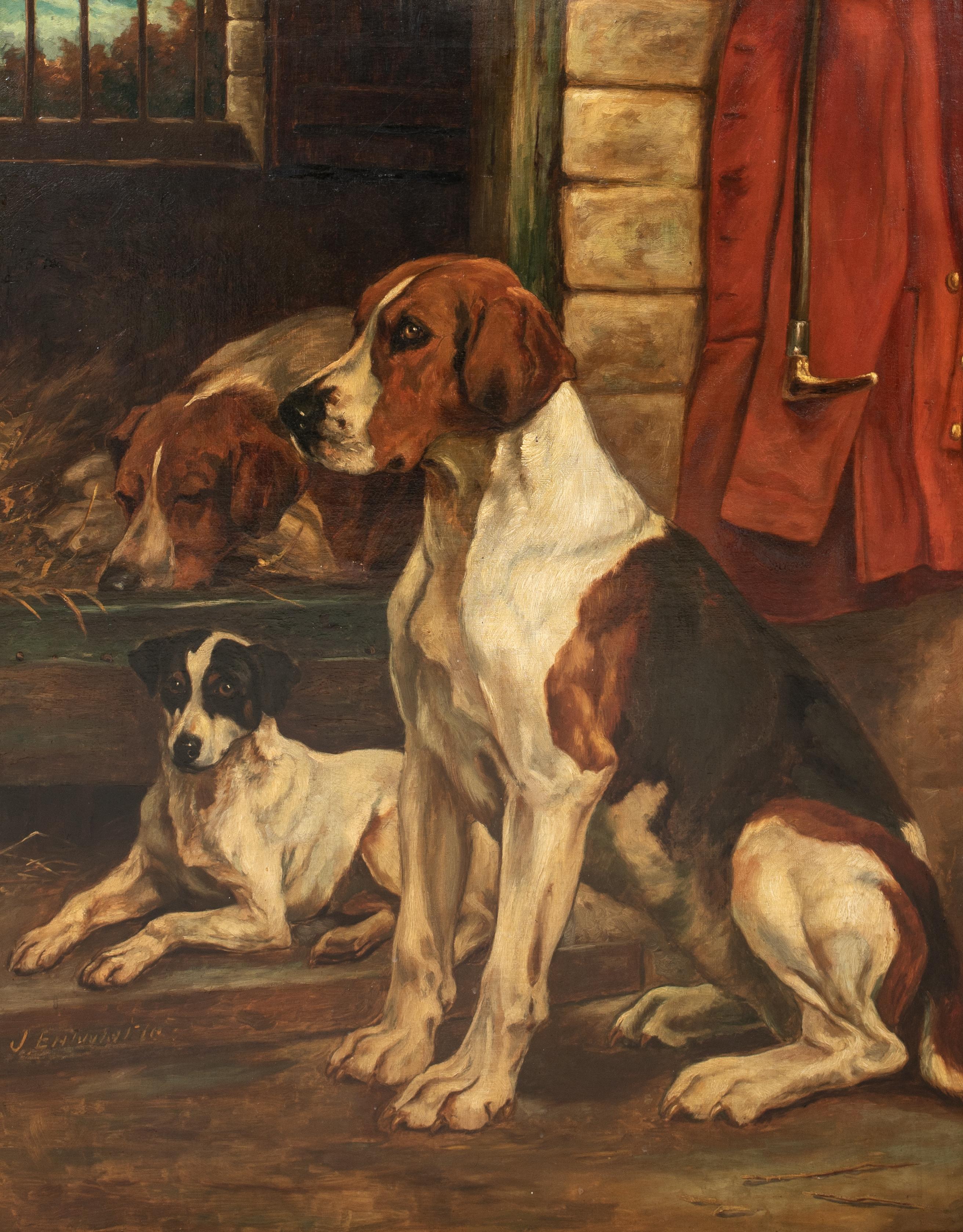 Fox Hounds & Jack Russell Terrier In The Kennels, 19th Century

by John C Entwistle (1842-1899)

Large 19th Century English kennel scene with the fox hounds and a terrier resting, oil on canvas by John C Entwistle. Superb quality and condition circa