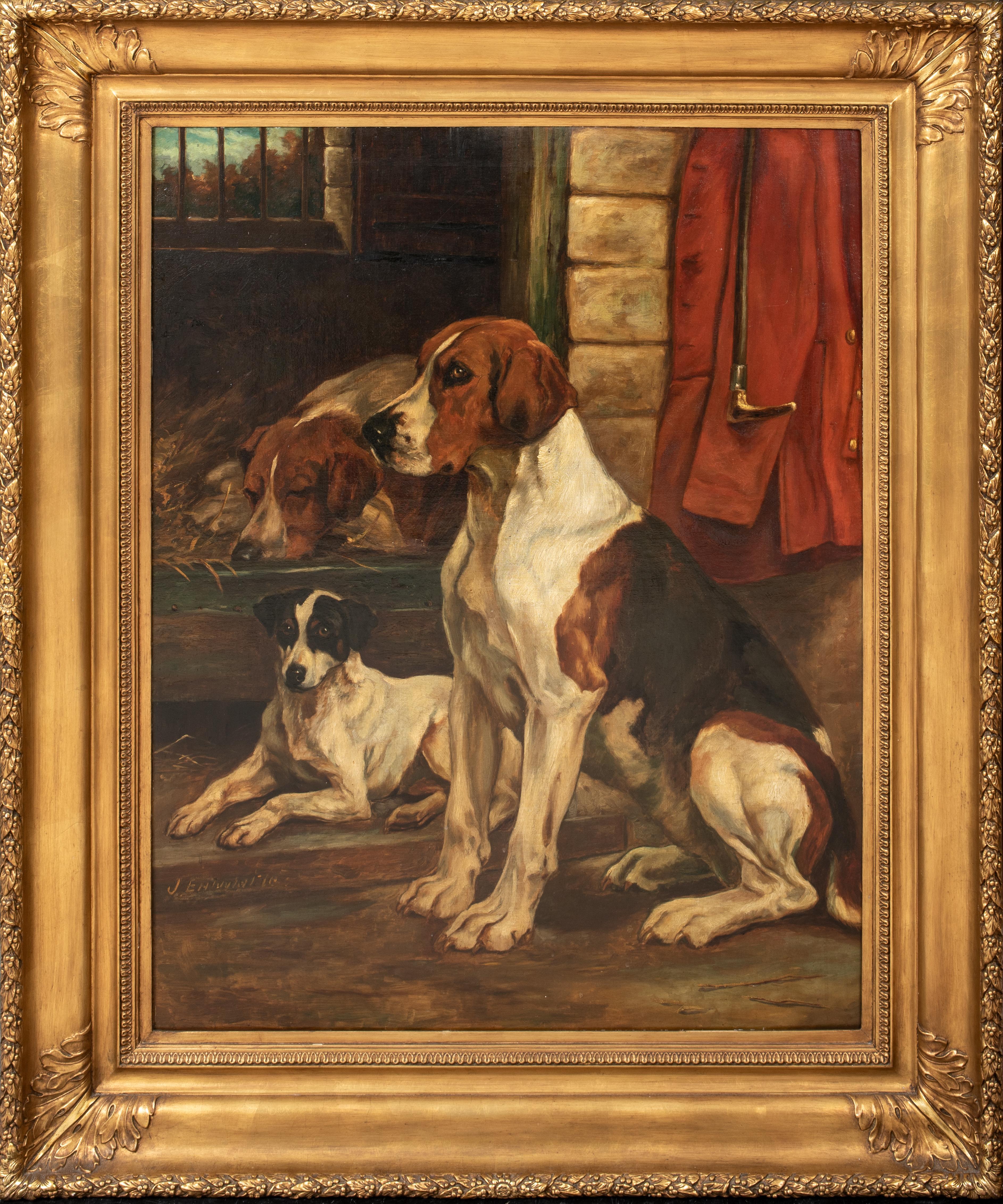 Unknown Animal Painting - Fox Hounds & Jack Russell Terrier In The Kennels, 19th Century John C Entwistle
