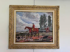 Fox Hunt Oil Painting Equestrian Scene with Horses and Hounds, Landscape