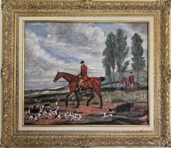 Fox Hunt Oil Painting Equestrian Scene with Horses and Hounds, Landscape