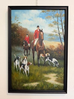 Fox Hunting Scene Oil Painting on Canvas Horses Hounds Equestrian Sporting Art