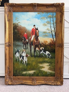 Fox Hunting Scene Oil Painting on Canvas Horses Hounds Equestrian Sporting Art