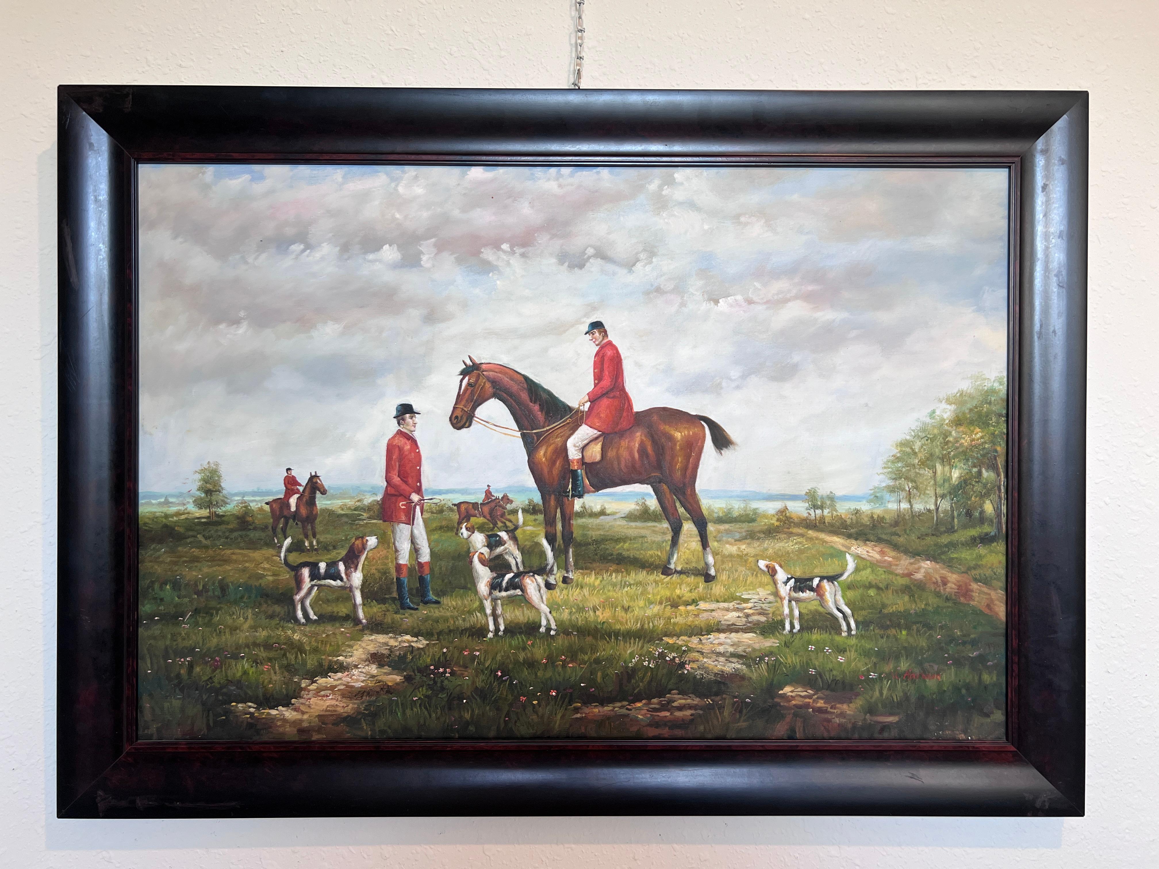 Fox Hunting Scene – Signed by M. Aarinon – Framed Vintage Oil Painting on Canvas - Black Landscape Painting by Unknown