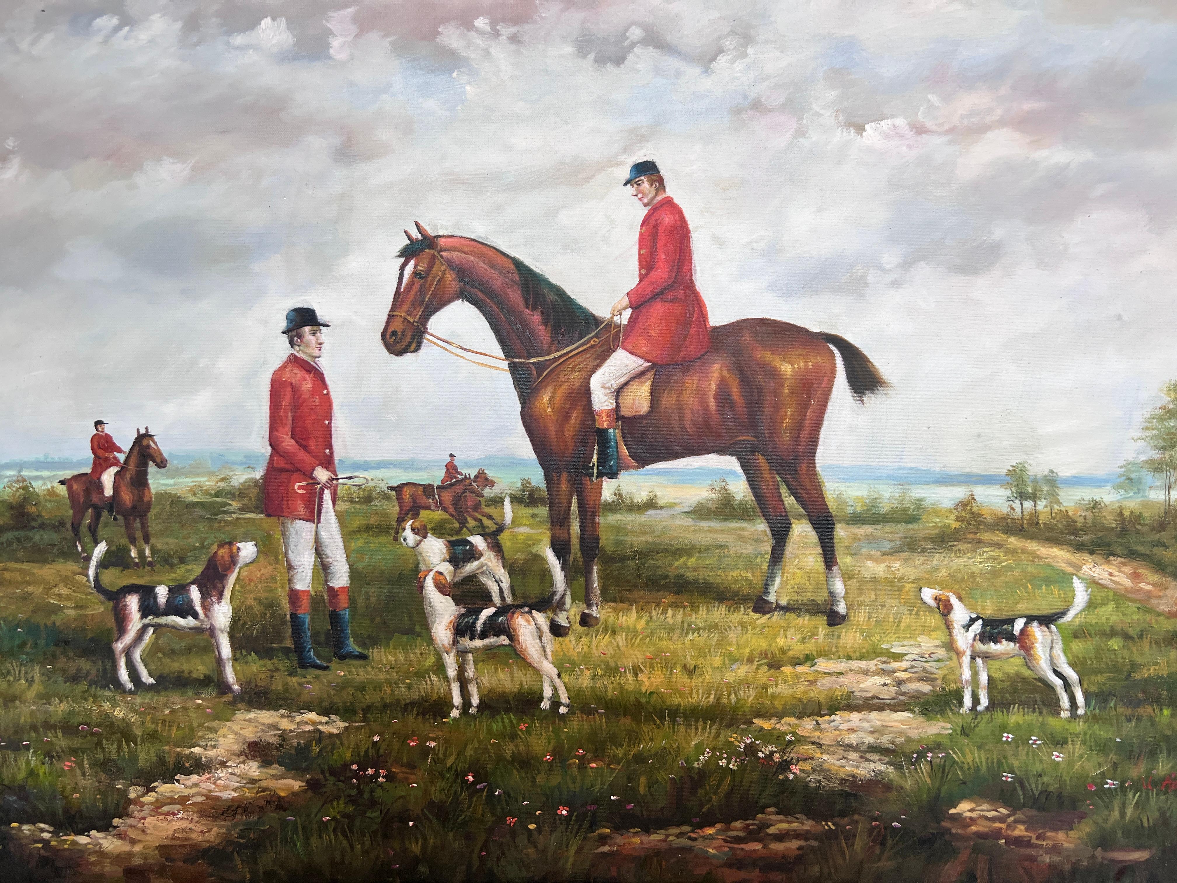 This striking vintage oil painting by the artist M. Aarinon captures a timeless fox hunting scene in the heart of the English countryside. Painted in a rich, earthy palette, the composition is centered around two gentlemen in classic red hunting