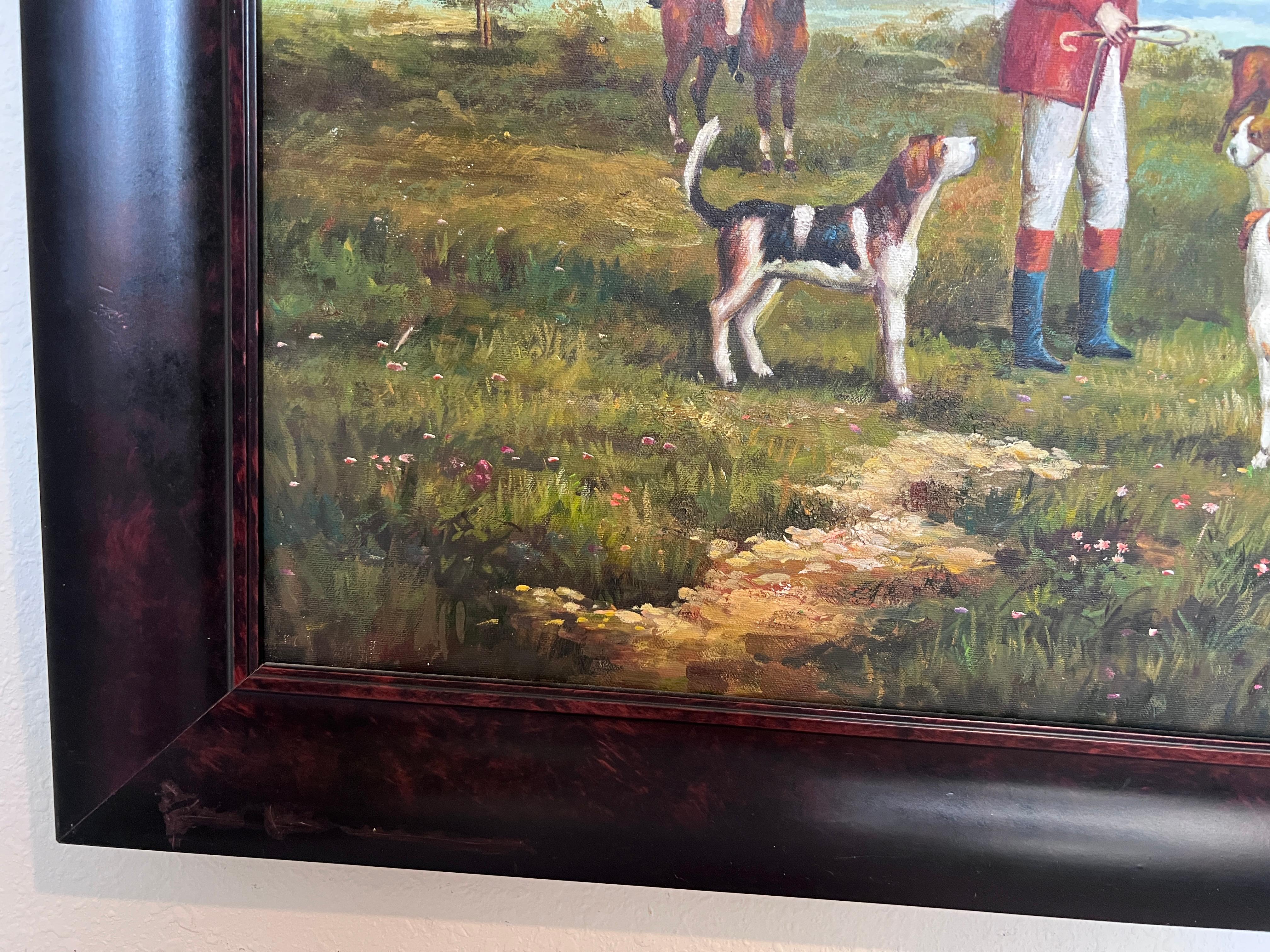 Fox Hunting Scene – Signed by M. Aarinon – Framed Vintage Oil Painting on Canvas For Sale 1
