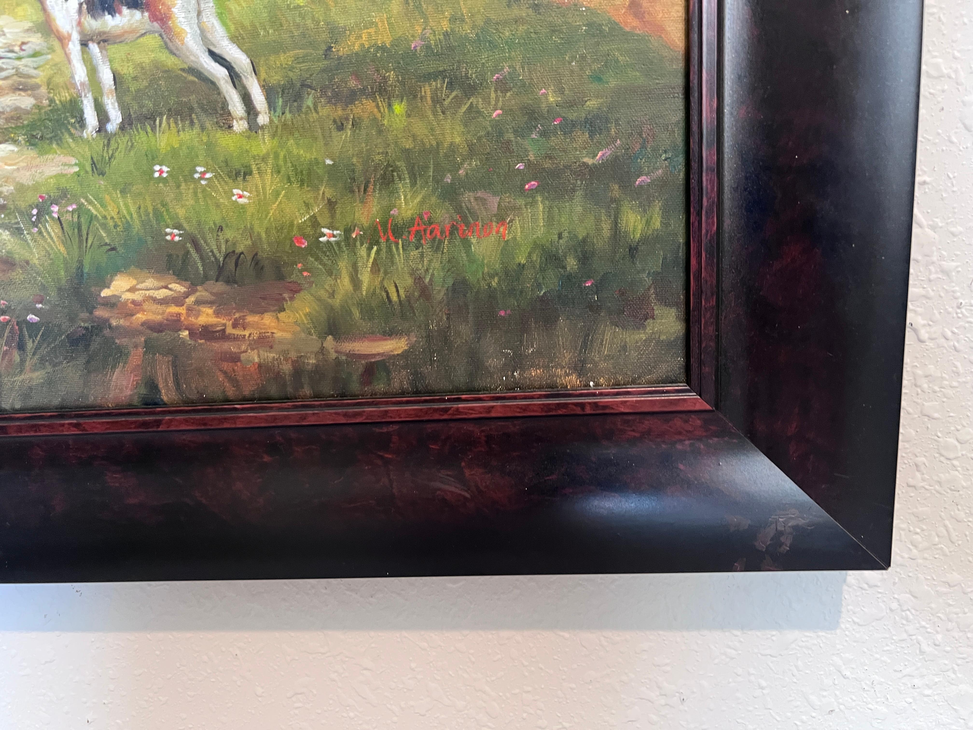 Fox Hunting Scene – Signed by M. Aarinon – Framed Vintage Oil Painting on Canvas For Sale 4