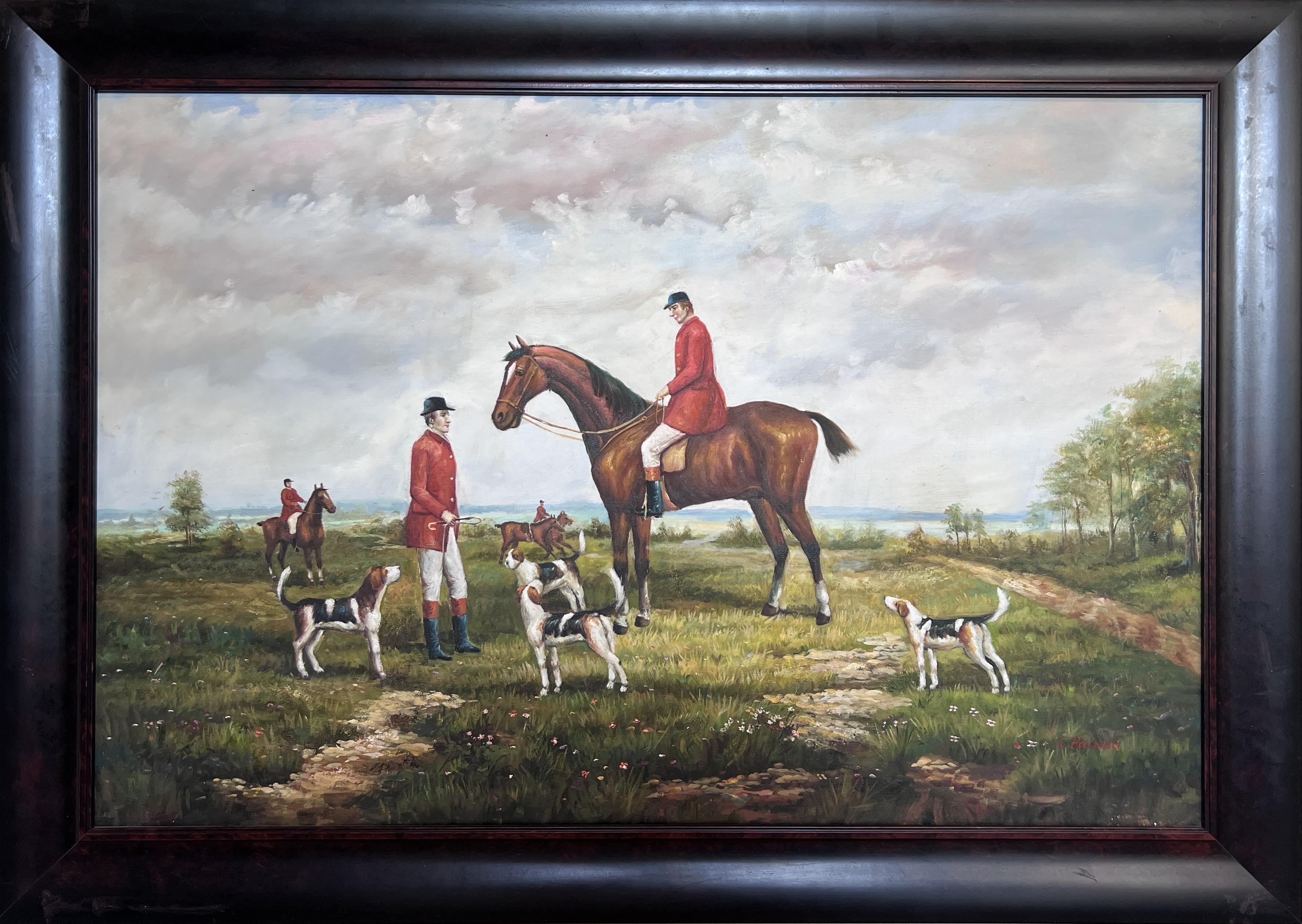 Scène de chasse au renard - Signée par M. A&M - Peinture à l'huile vintage sur toile encadrée