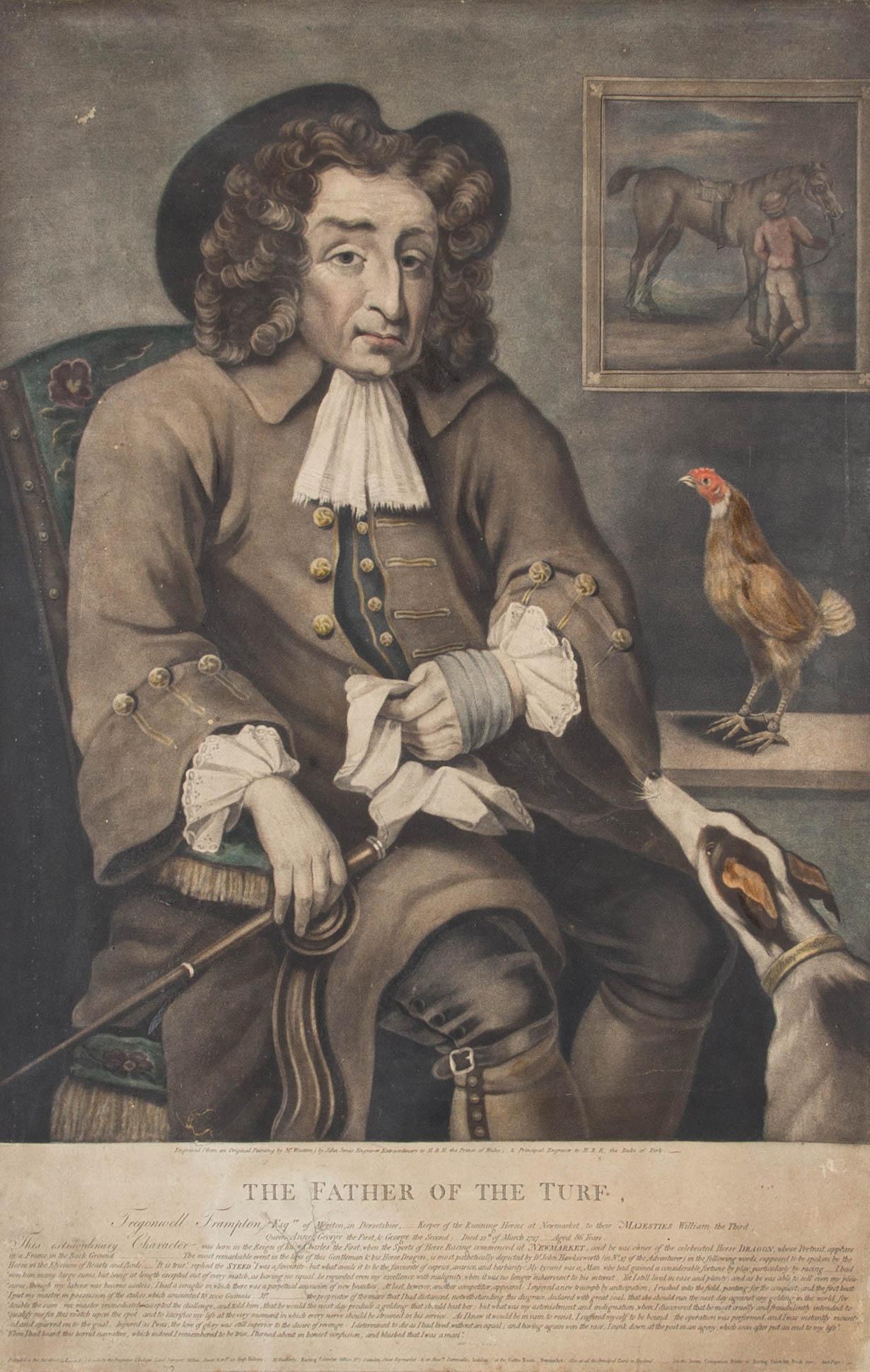 Mezzatinta incorniciata del 1791 - Il padre del tappeto erboso, Tregonwell Frampton Esq. - Painting di Unknown