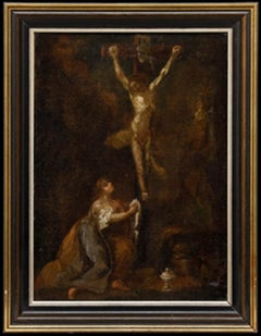 Framed 17th Century Oil - Mary Magdalene at the Foot of the Cross