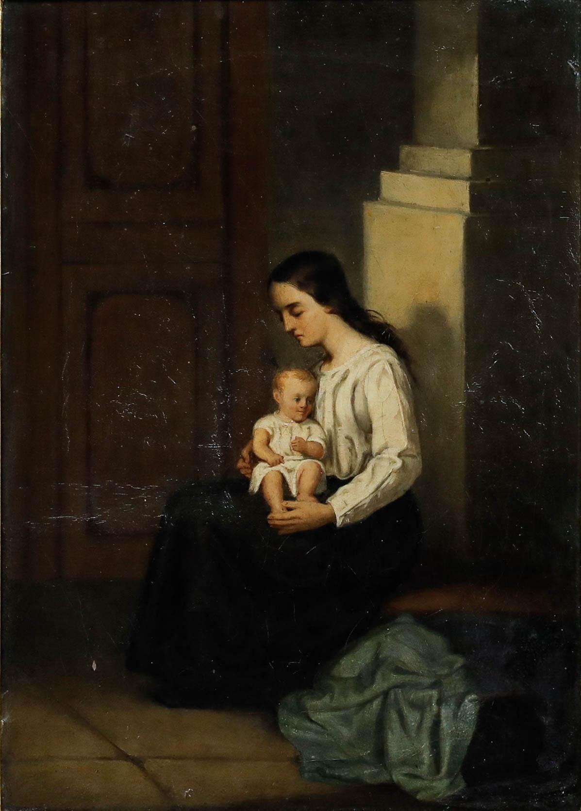 Framed 1853 Oil - Young Mother and Child - Painting by Unknown