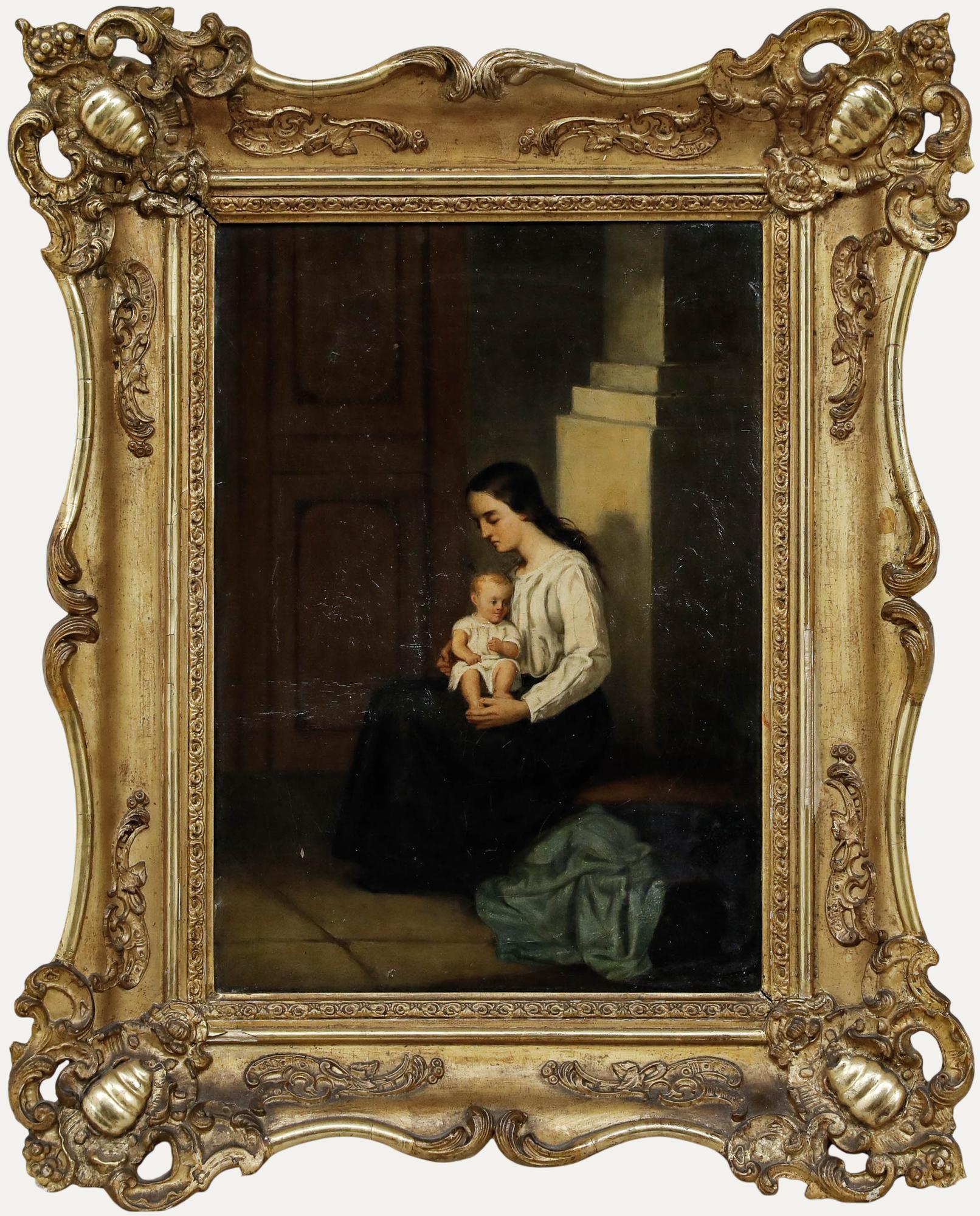 Unknown Figurative Painting - Framed 1853 Oil - Young Mother and Child
