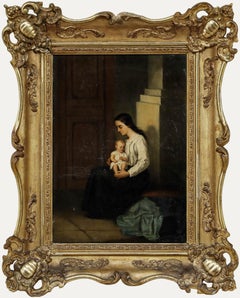 Framed 1853 Oil - Young Mother and Child