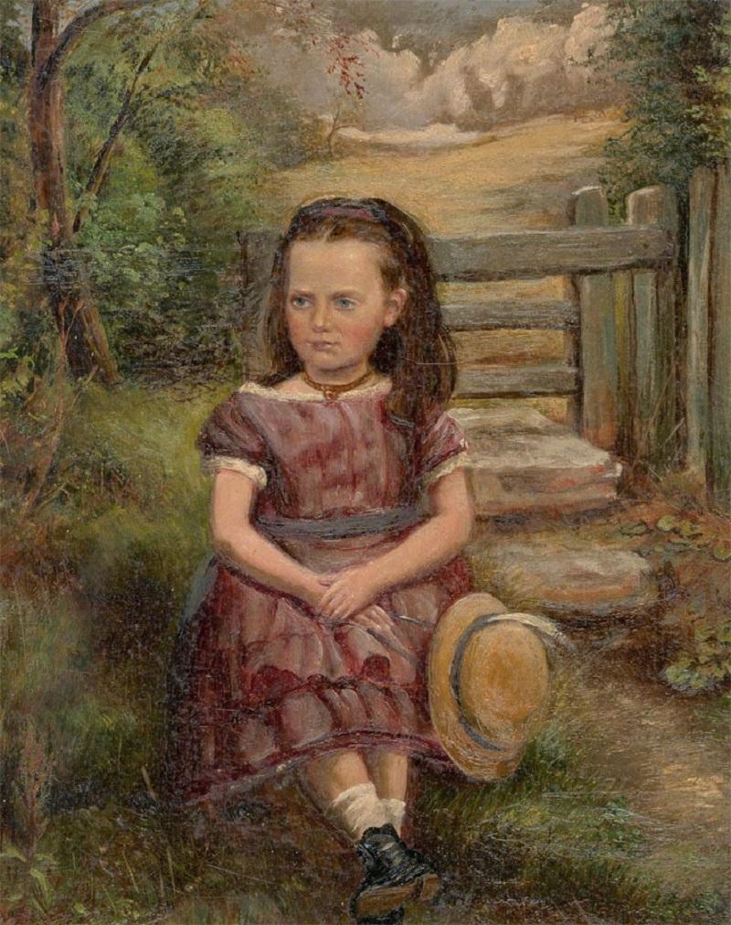 Framed 1875 Oil - Portrait of a Girl on a Country Walk - Brown Portrait Painting by Unknown