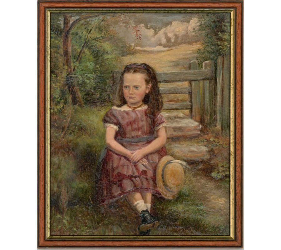 Unknown Portrait Painting - Framed 1875 Oil - Portrait of a Girl on a Country Walk