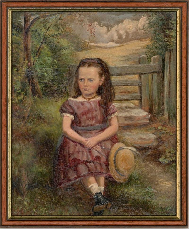 Unknown Portrait Painting - Framed 1875 Oil - Portrait of a Girl on a Country Walk