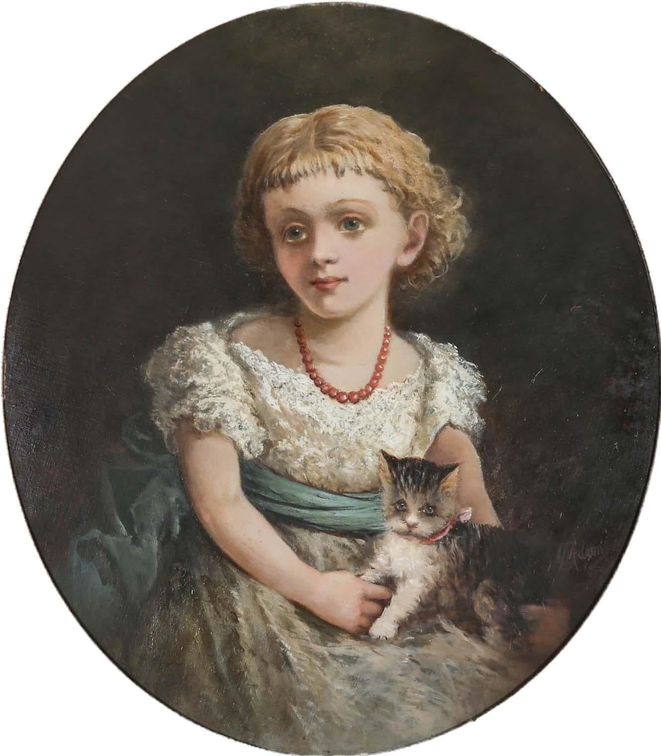 Framed 1880 Oil - Victorian Girl & Kitten - Painting by Unknown