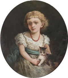 Framed 1880 Oil - Victorian Girl & Kitten