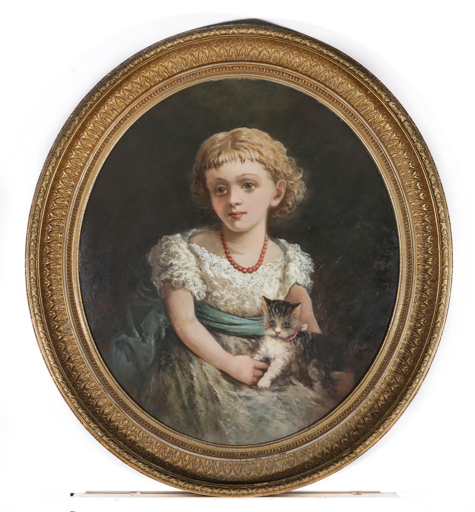 An angelic portrait of a young Victorian child, captured alongside her beloved, pink collared, tabby cat. The artist has caught the sitter wearing a beautiful bobble white dress and blue sash, with elegant ruby pearls. The kitten looks startled by