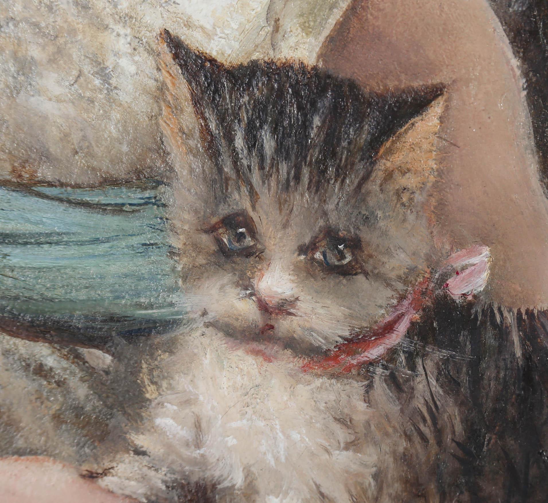 Framed 1880 Oil - Victorian Girl & Kitten 2