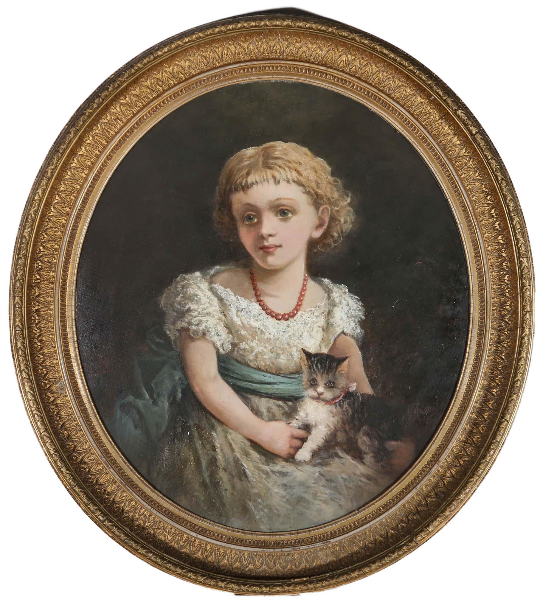 Unknown Portrait Painting - Framed 1880 Oil - Victorian Girl & Kitten