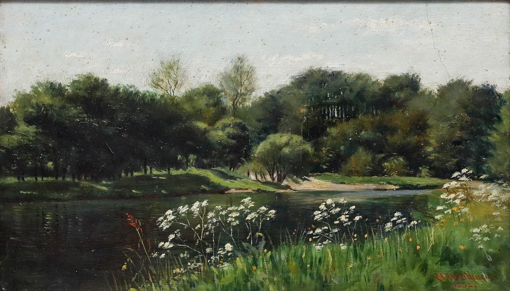 Olio del 1882 incorniciato - Fiori di campo sulla riva del fiume - Painting di Unknown