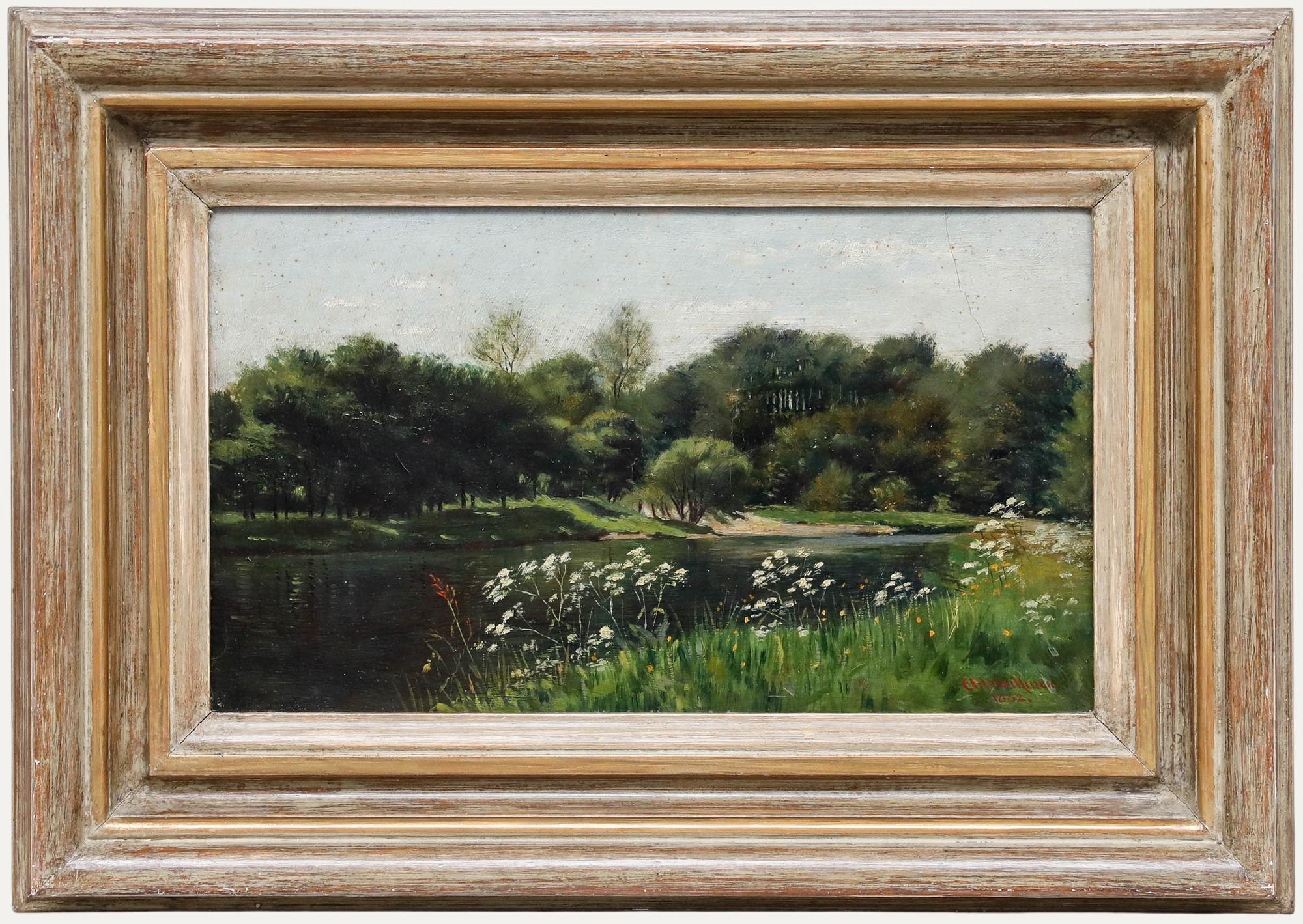 Landscape Painting di Unknown - Olio del 1882 incorniciato - Fiori di campo sulla riva del fiume
