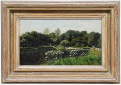 Framed 1882 Oil - Meadow Flowers on the Riverbank