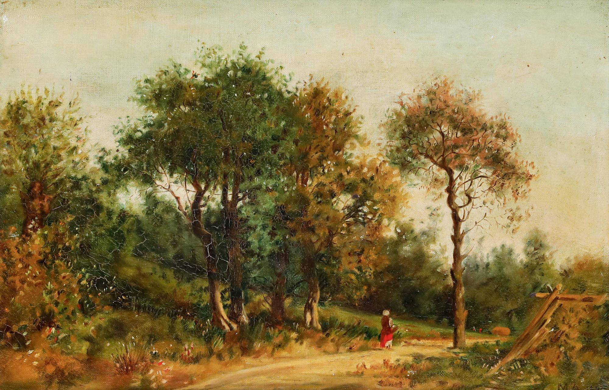 Gerahmtes Öl von 1892 - Entlang des Weges – Painting von Unknown