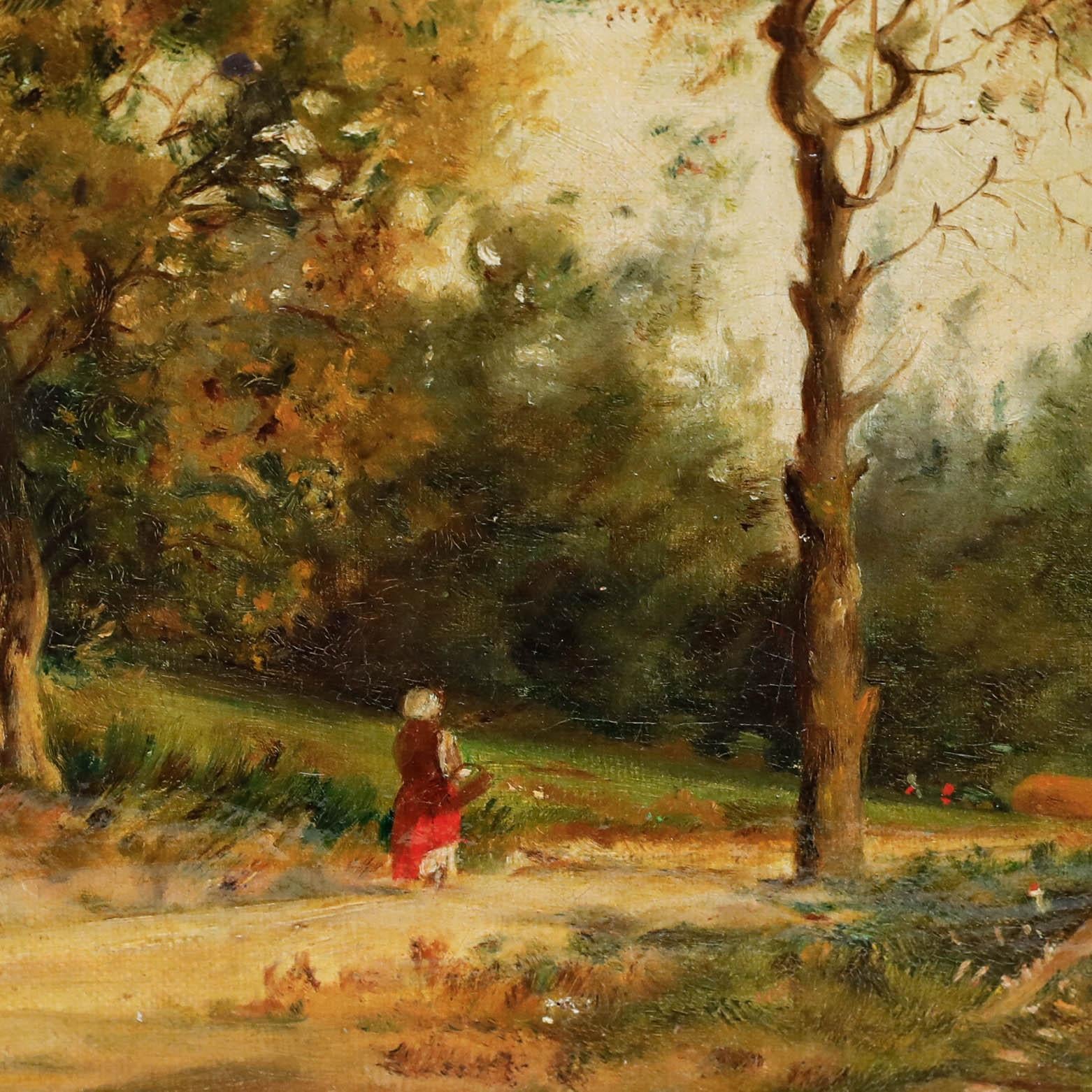 Dieses charmante Ölgemälde aus dem späten 19. Jahrhundert zeigt eine ruhige ländliche Landschaft mit üppigen Bäumen und Blättern. Die Komposition lenkt den Blick des Betrachters entlang des gewundenen Weges auf eine Figur in Rot. Gut präsentiert in