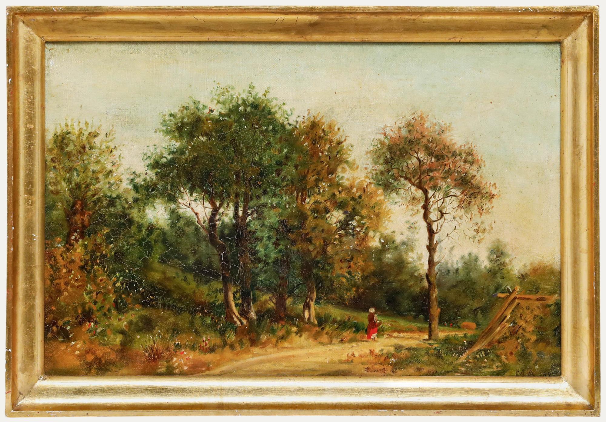 Framed 1892 Oil - Along the Path