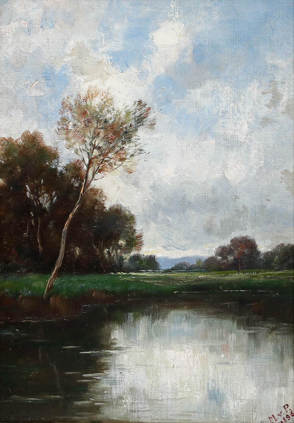 Gerahmtes Öl von 1896 - Der Baum am See – Painting von Unknown